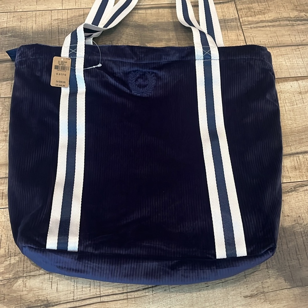 Navy Velour Ribbed Tote Book Bag - Picture 2 of 4